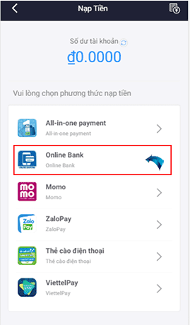 Nạp tiền qua Ngân hàng trực tuyến (Online Bank) bước 1